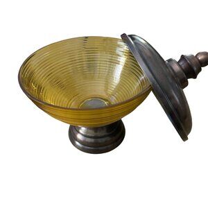 Vintage Mid Century Modern Glass Metal Candy Dish Large 7.5" Diameter Yellow Brn